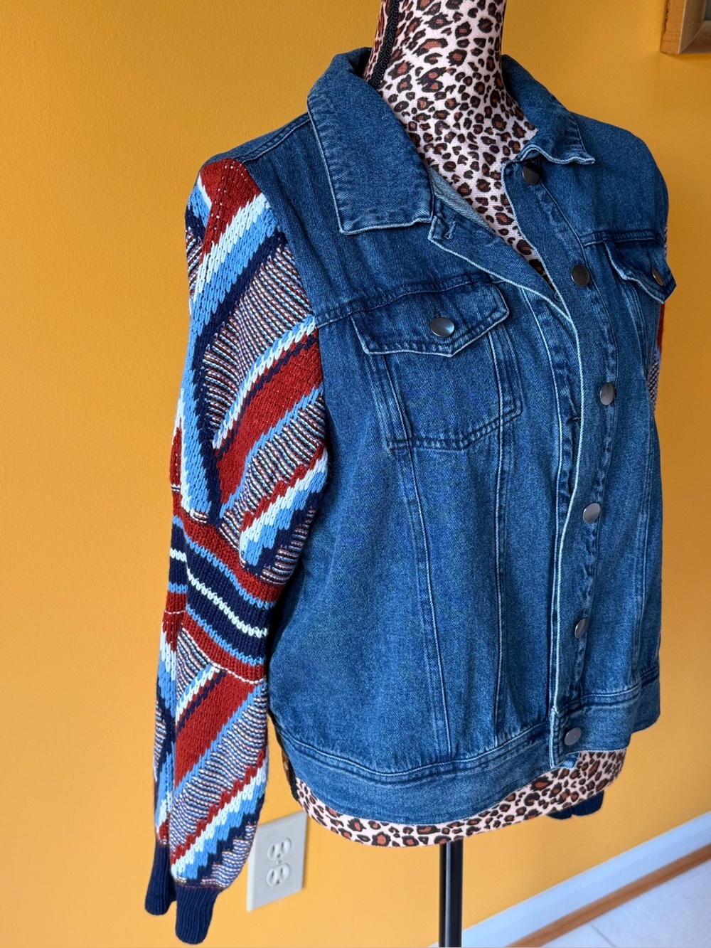 Women's Denim Jacket with Multicolor Knit Sleeves - Blue & Red Accent